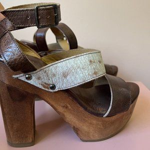 Bed Stu Marilyn Leather Distressed Wooden Platform Sandal Heels